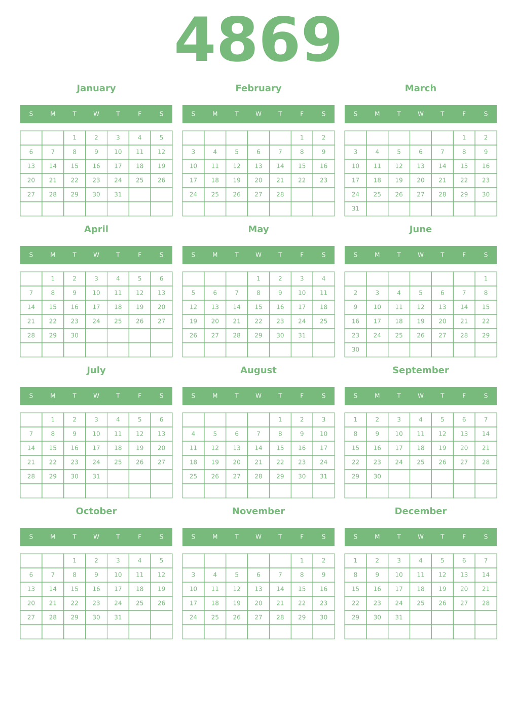 Printable 4869 Year Calendars celadon