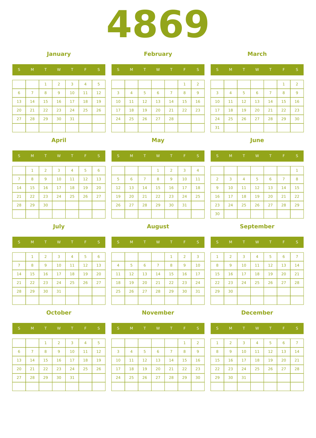 Printable 4869 Year Calendars chartreuse