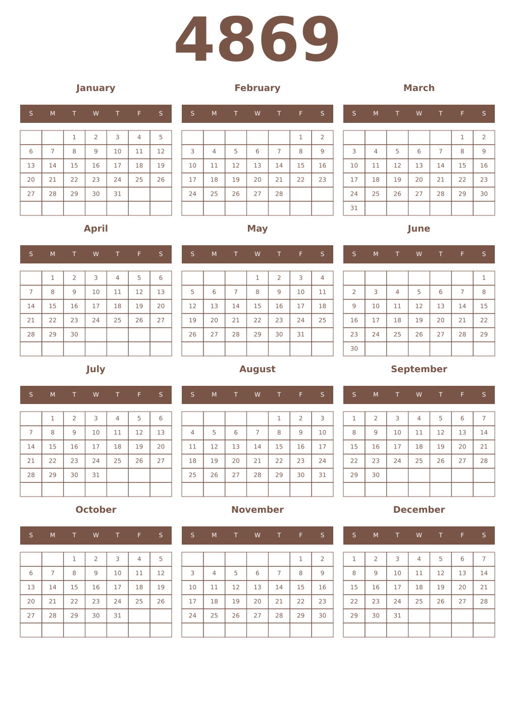 Printable 4869 Year Calendars coffe