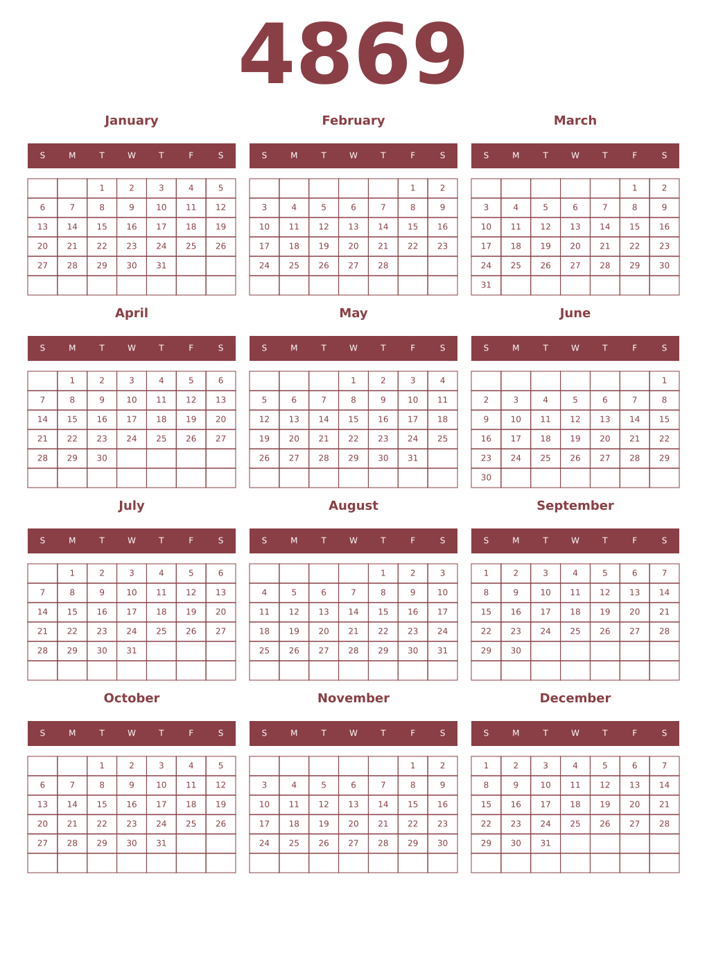 Printable 4869 Year Calendars cordovan