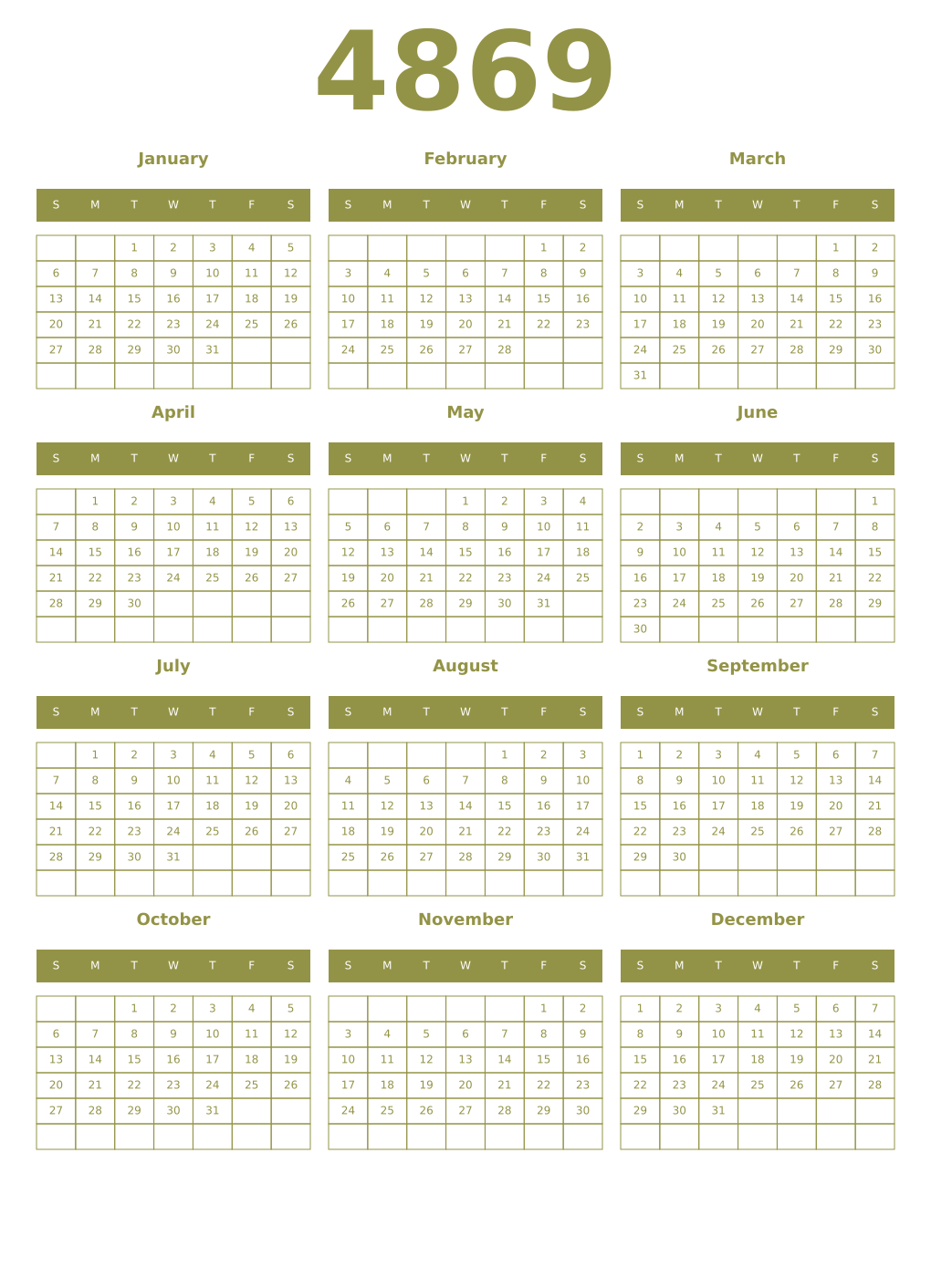 Printable 4869 Year Calendars eburnean