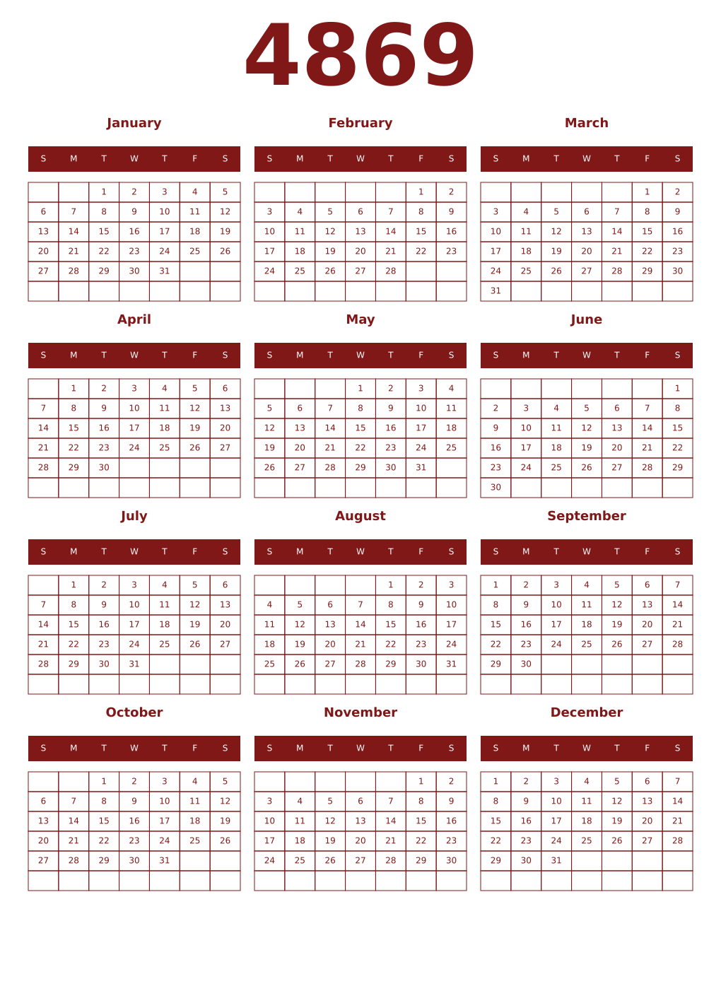 Printable 4869 Year Calendars falu