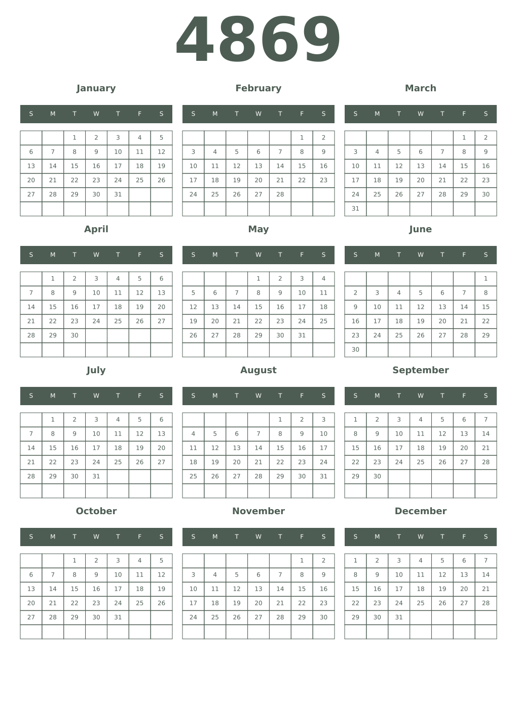 Printable 4869 Year Calendars feldgrau