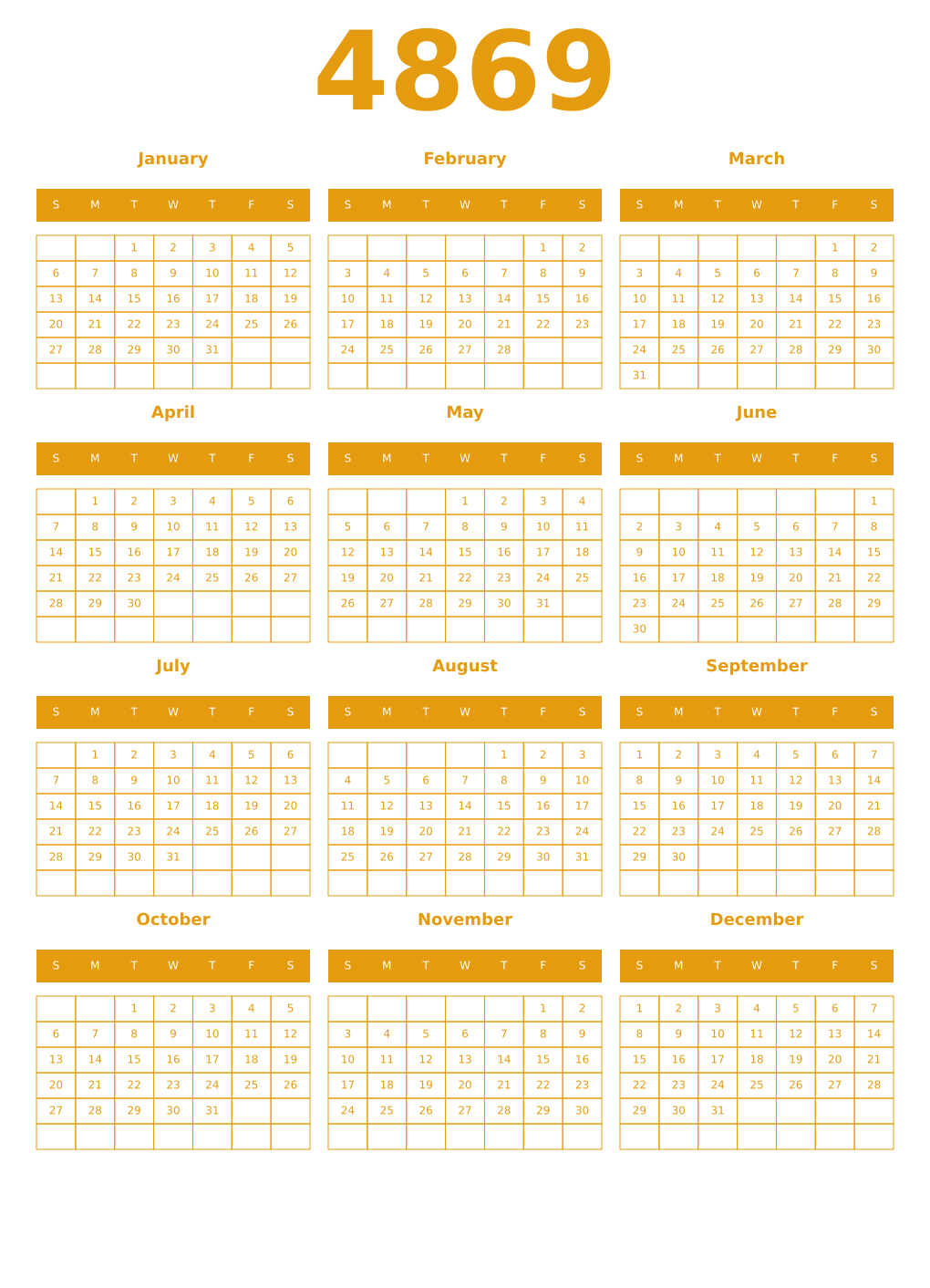 Printable 4869 Year Calendars gamboge