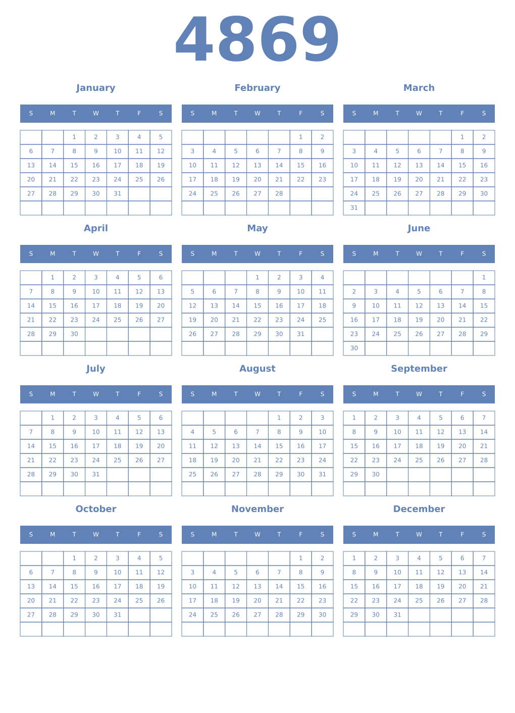 Printable 4869 Year Calendars glaucous