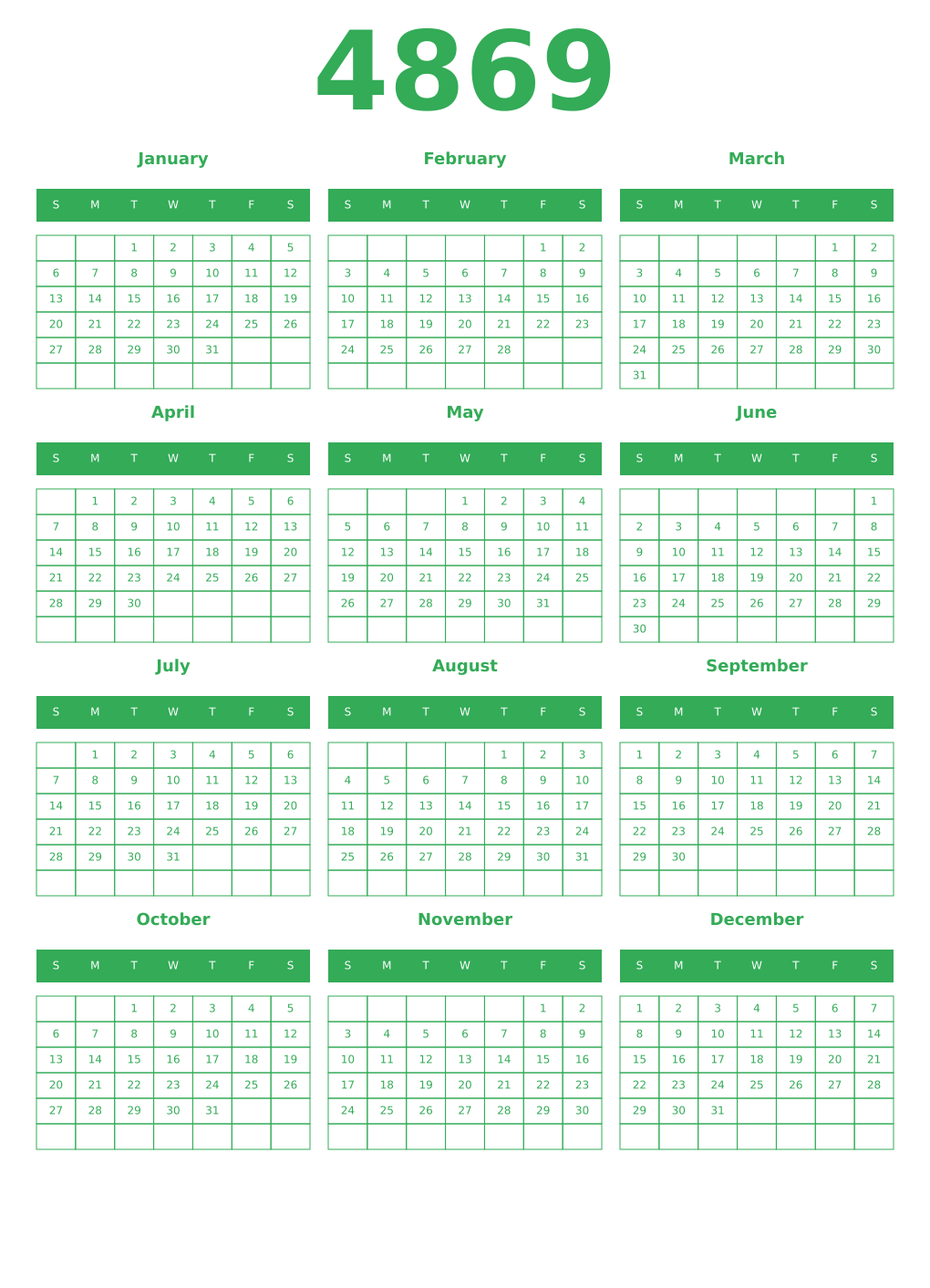 Printable 4869 Year Calendars green