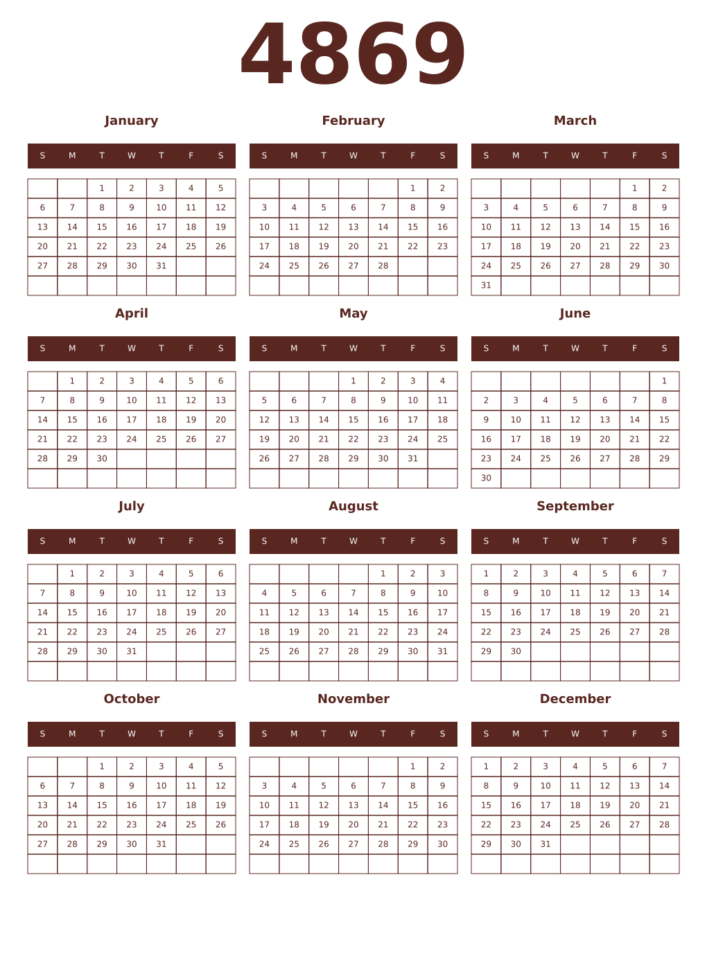Printable 4869 Year Calendars mortuum