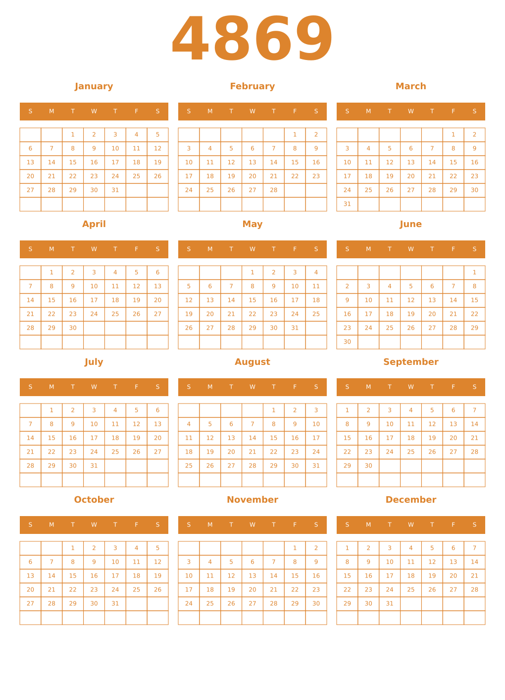 Printable 4869 Year Calendars orange