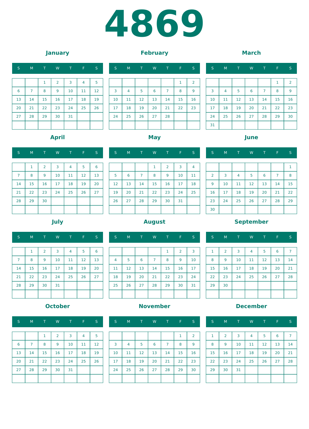Printable 4869 Year Calendars pastel