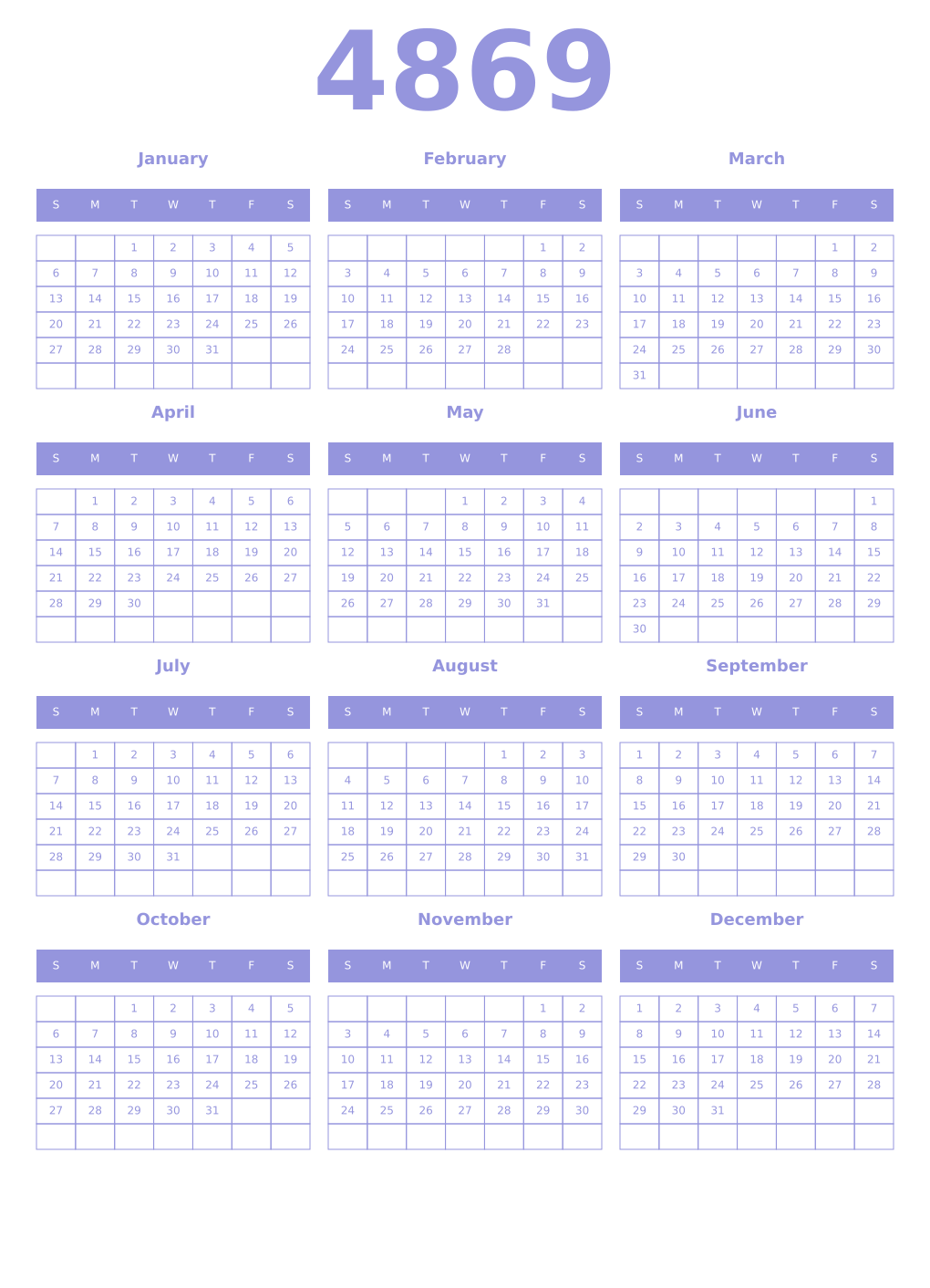 Printable 4869 Year Calendars periwinkle
