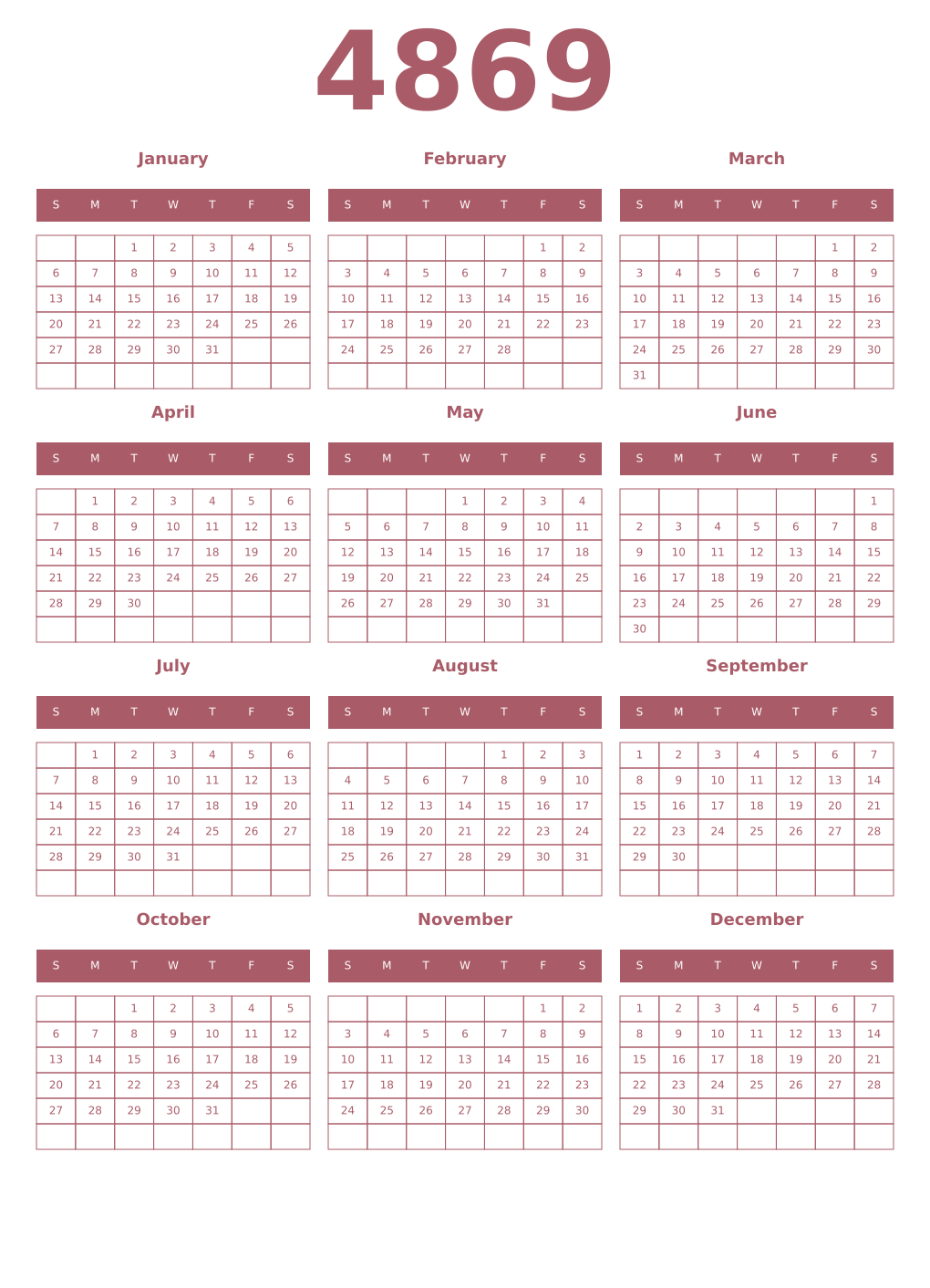 Printable 4869 Year Calendars puce