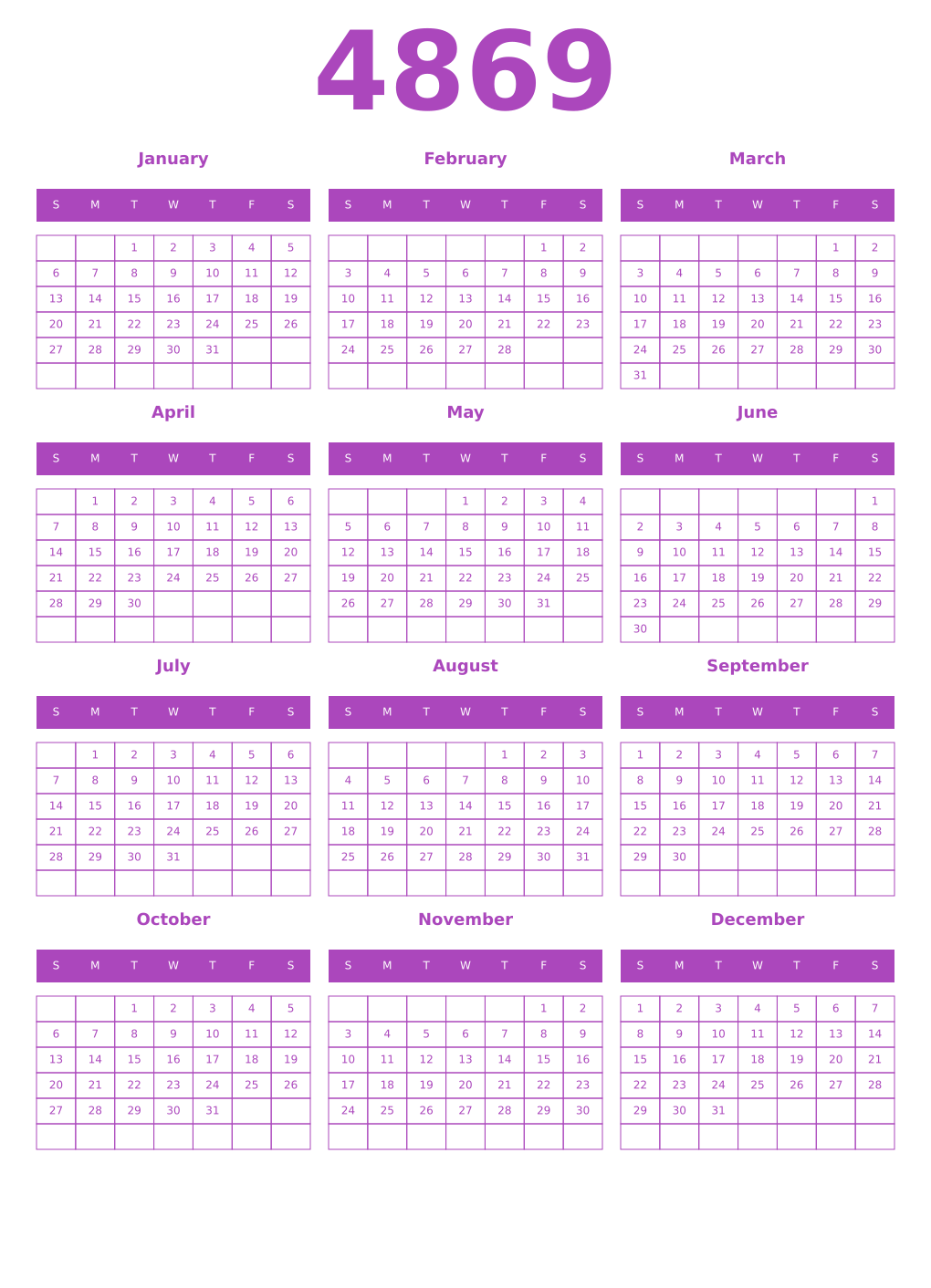 Printable 4869 Year Calendars purple