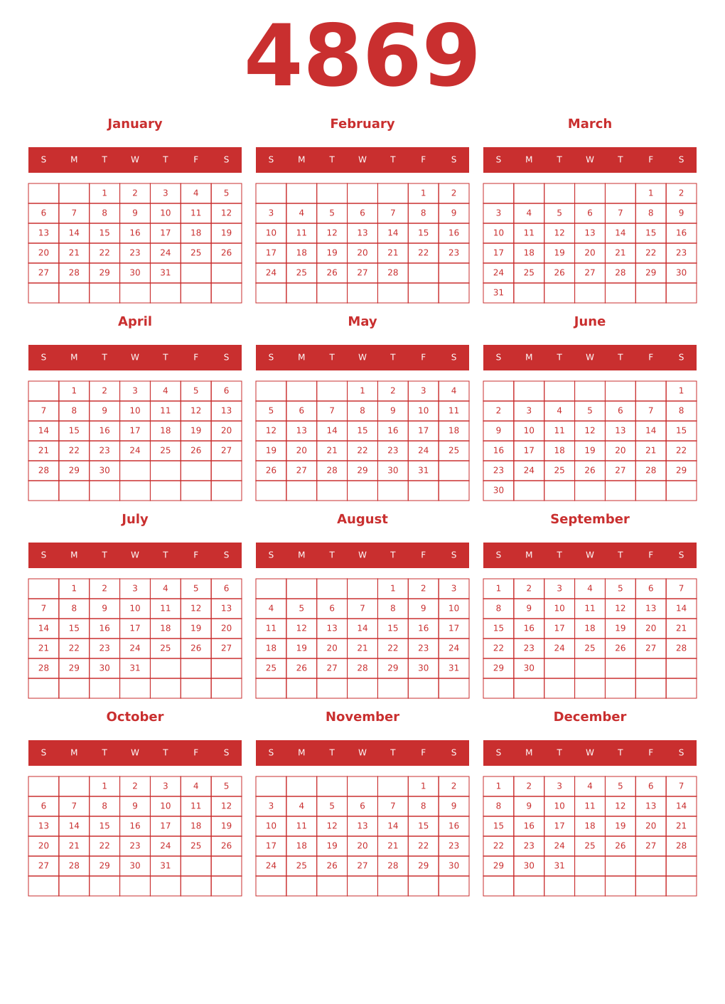 Printable 4869 Year Calendars red