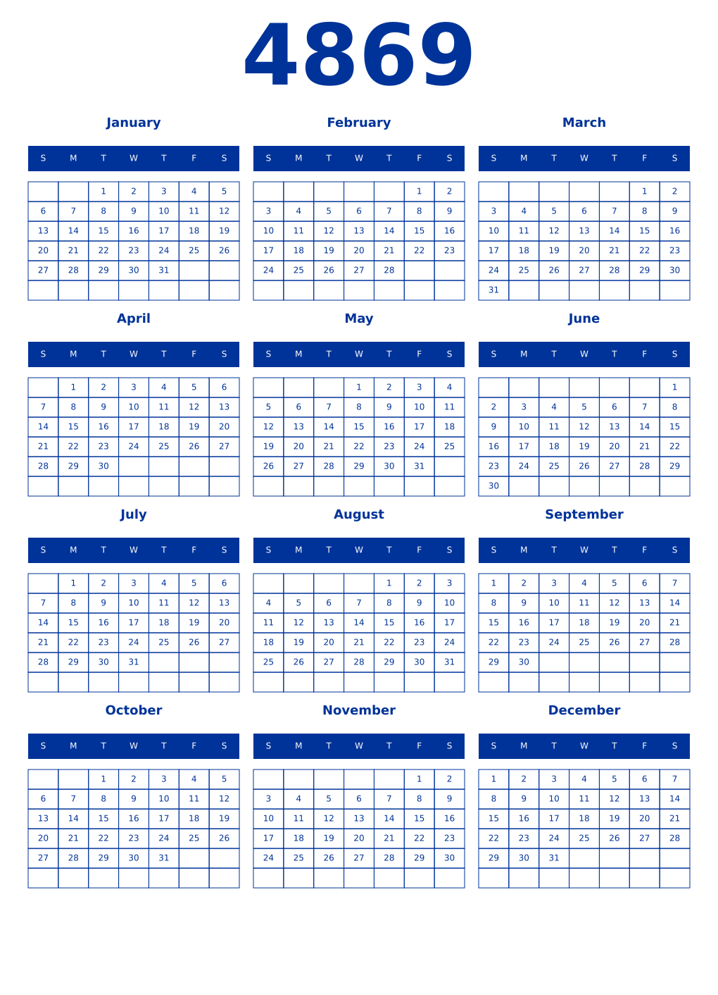 Printable 4869 Year Calendars smalt