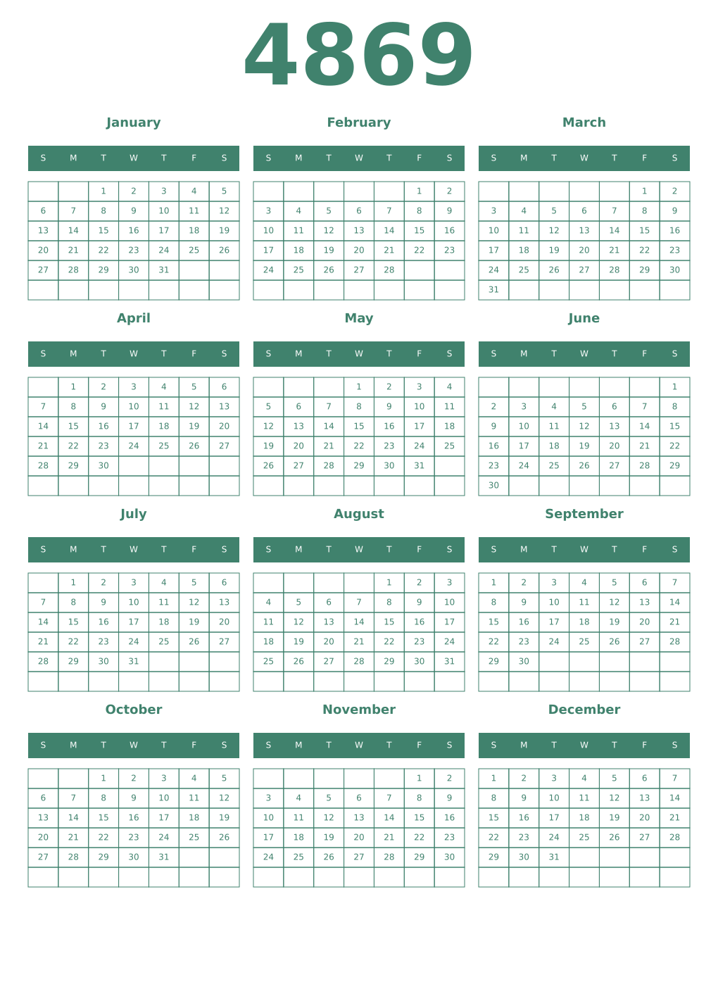 Printable 4869 Year Calendars viridian