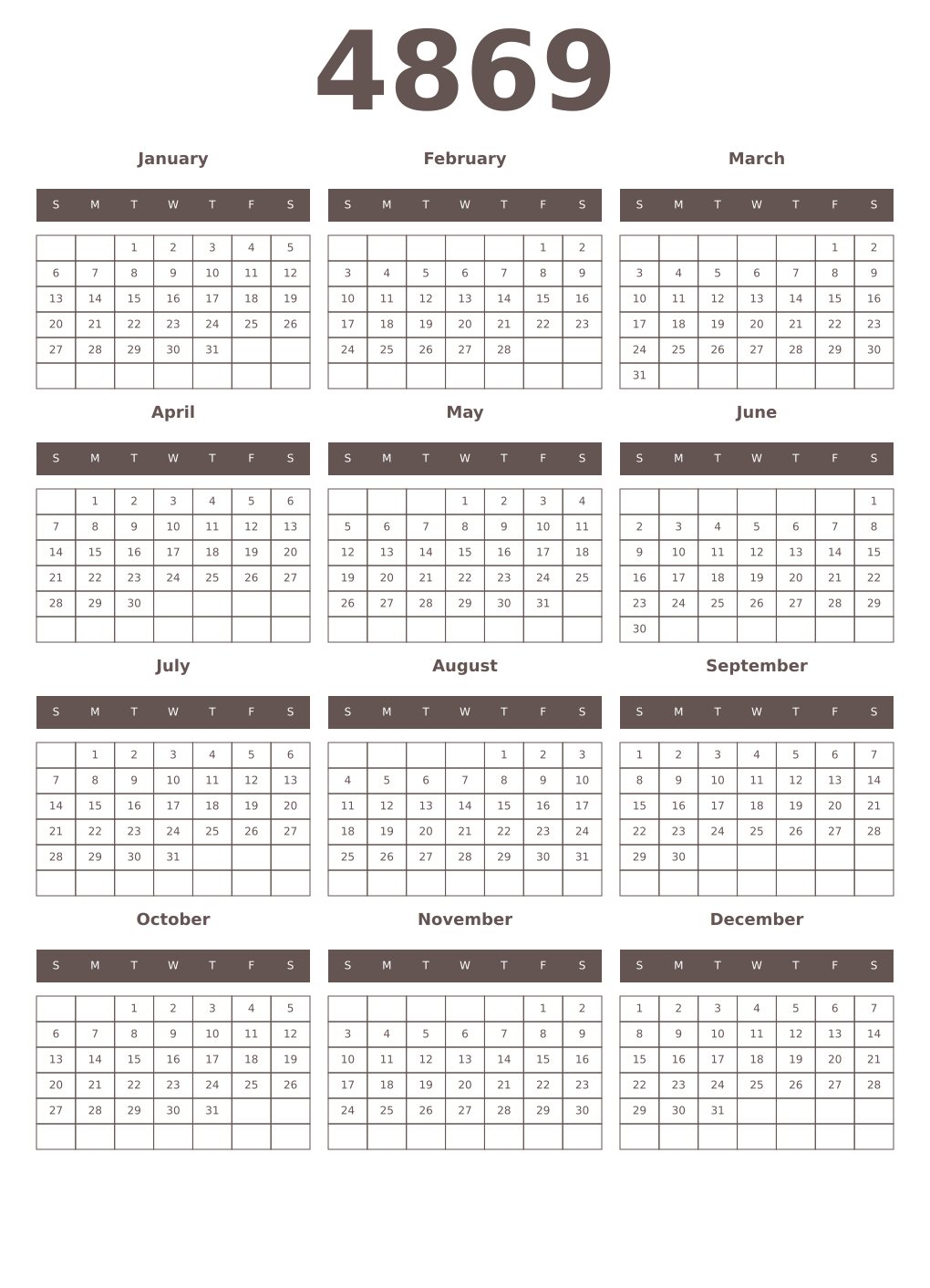 Printable 4869 Year Calendars wenge
