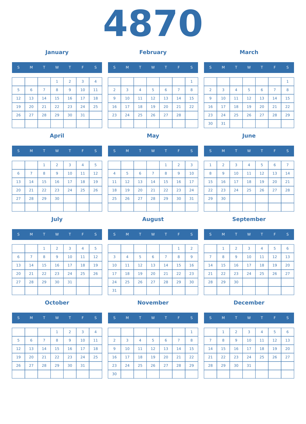 Printable 4870 Year Calendars blue
