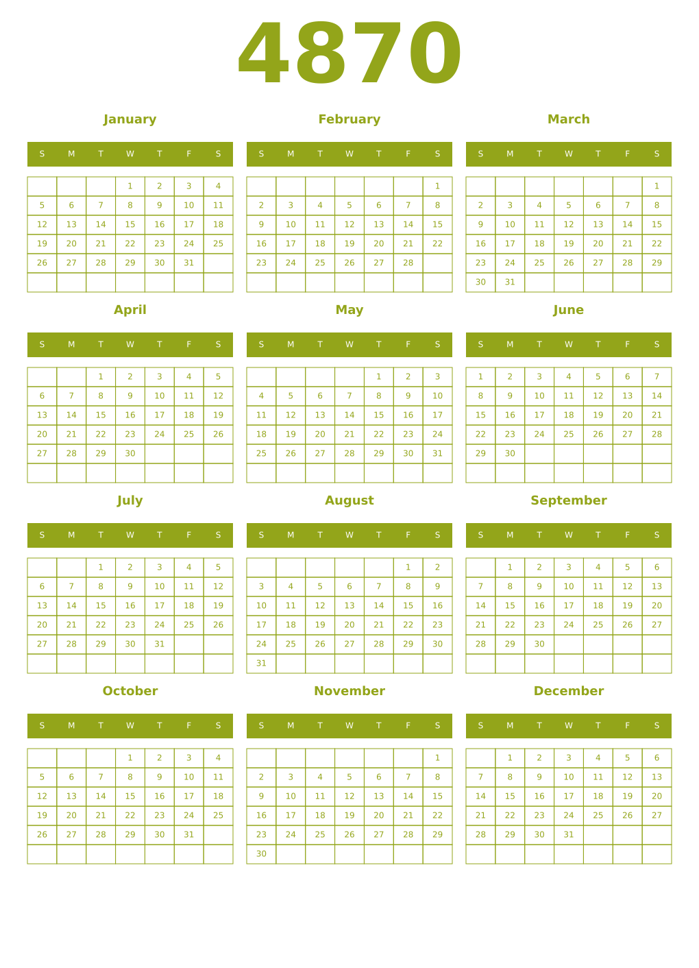 Printable 4870 Year Calendars chartreuse