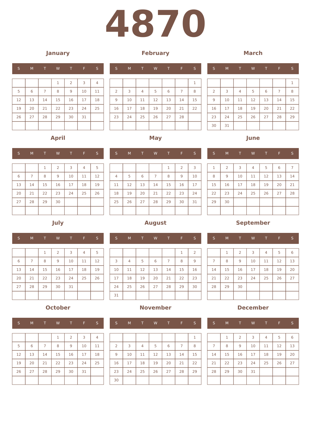 Printable 4870 Year Calendars coffe