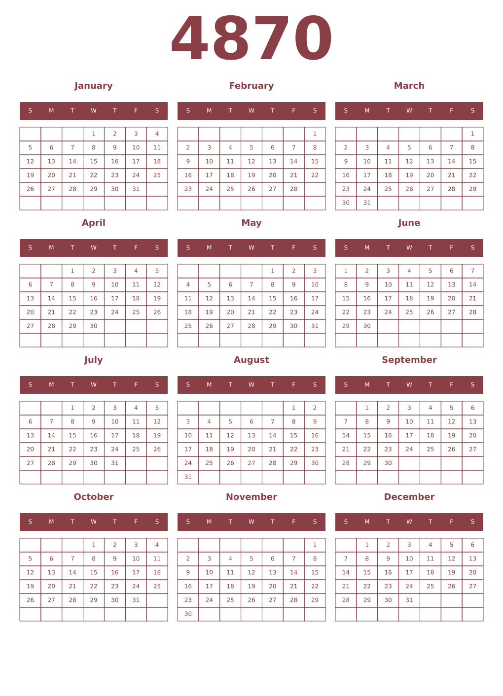 Printable 4870 Year Calendars cordovan