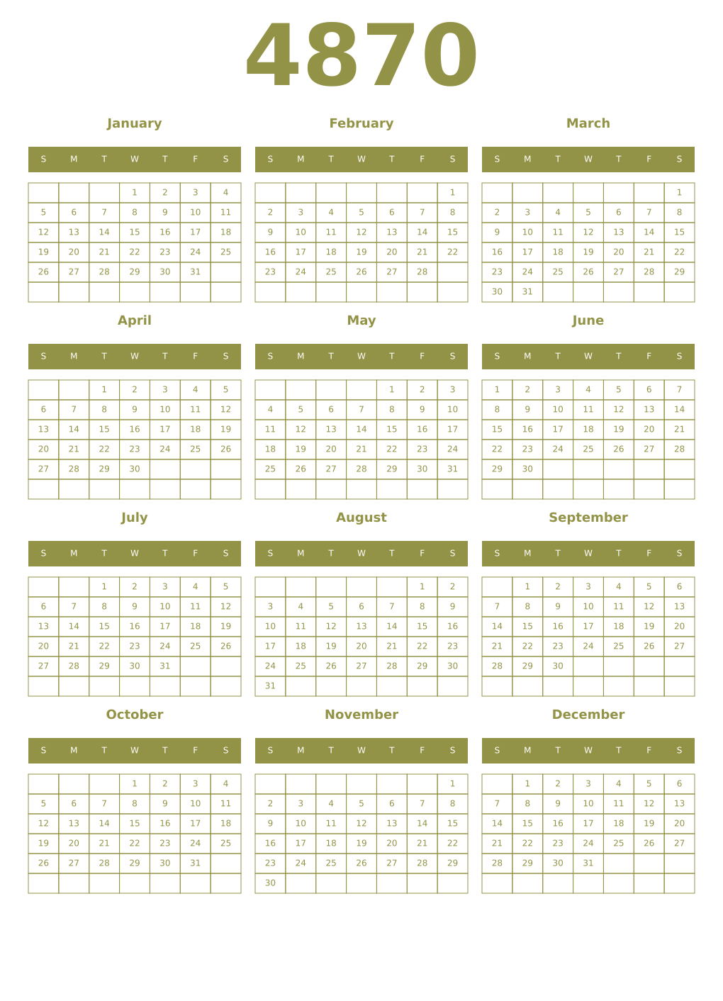 Printable 4870 Year Calendars eburnean