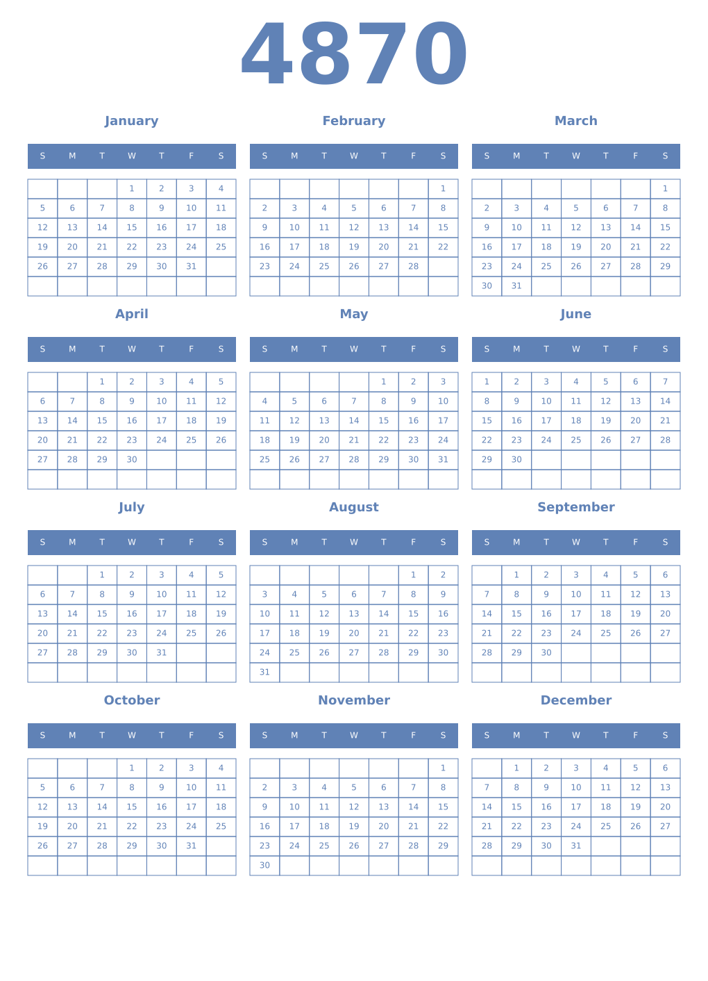 Printable 4870 Year Calendars glaucous