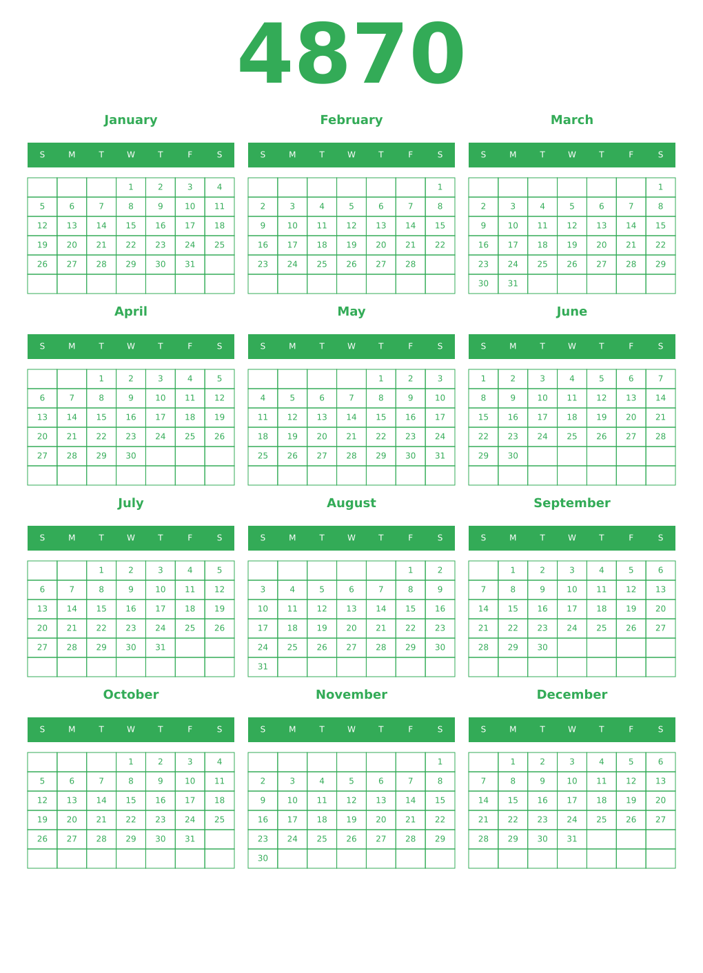 Printable 4870 Year Calendars green