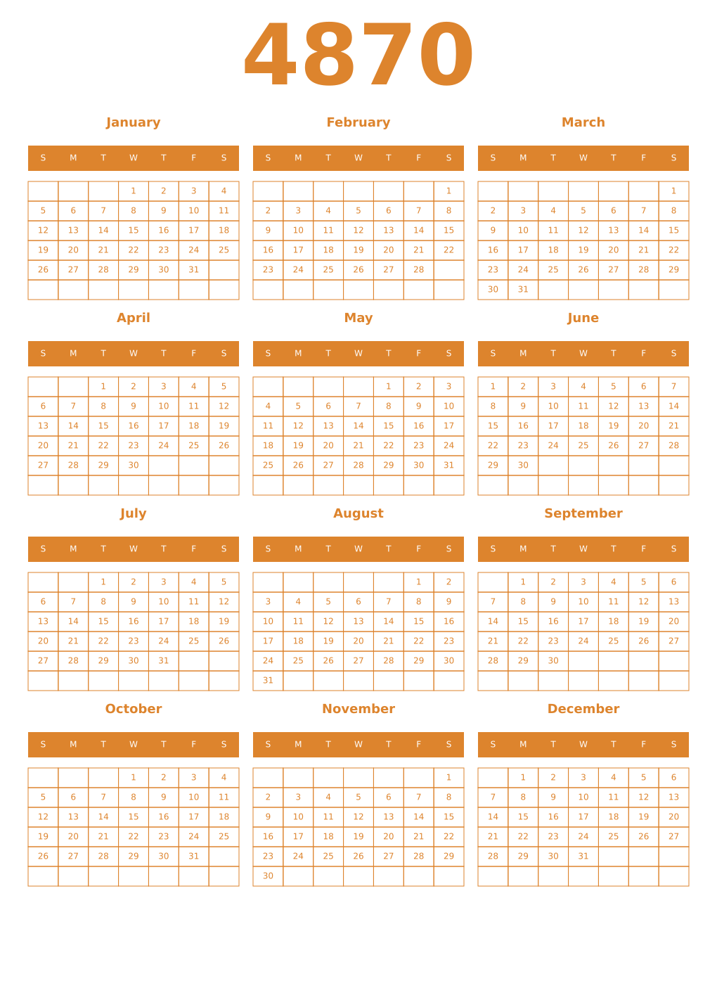 Printable 4870 Year Calendars orange