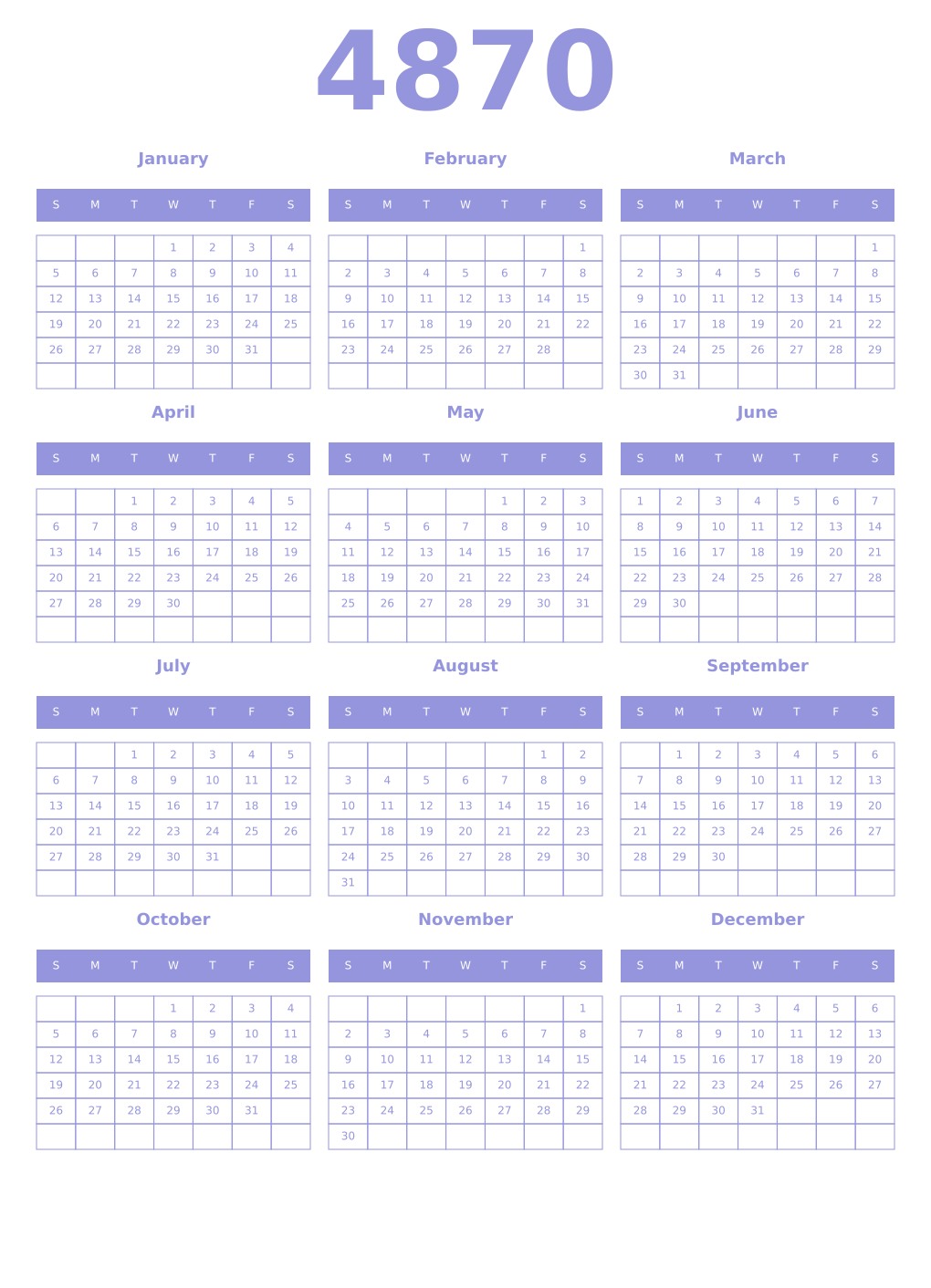 Printable 4870 Year Calendars periwinkle