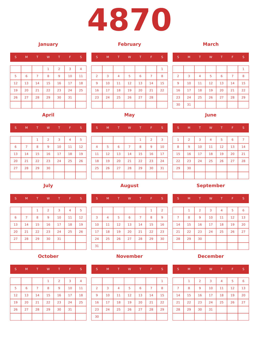 Printable 4870 Year Calendars red