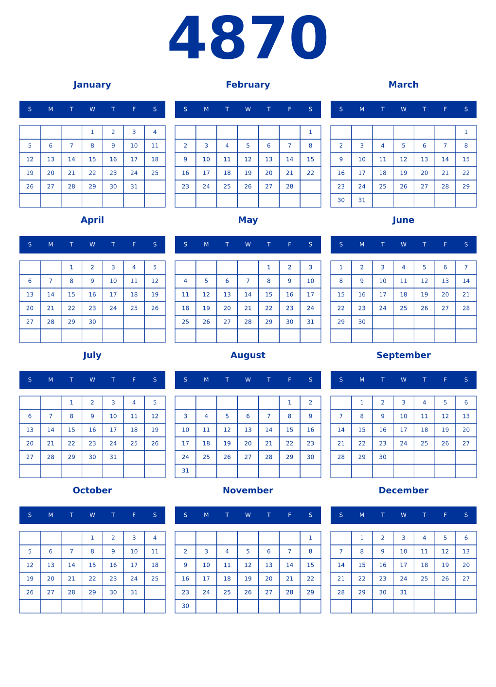 Printable 4870 Year Calendars smalt