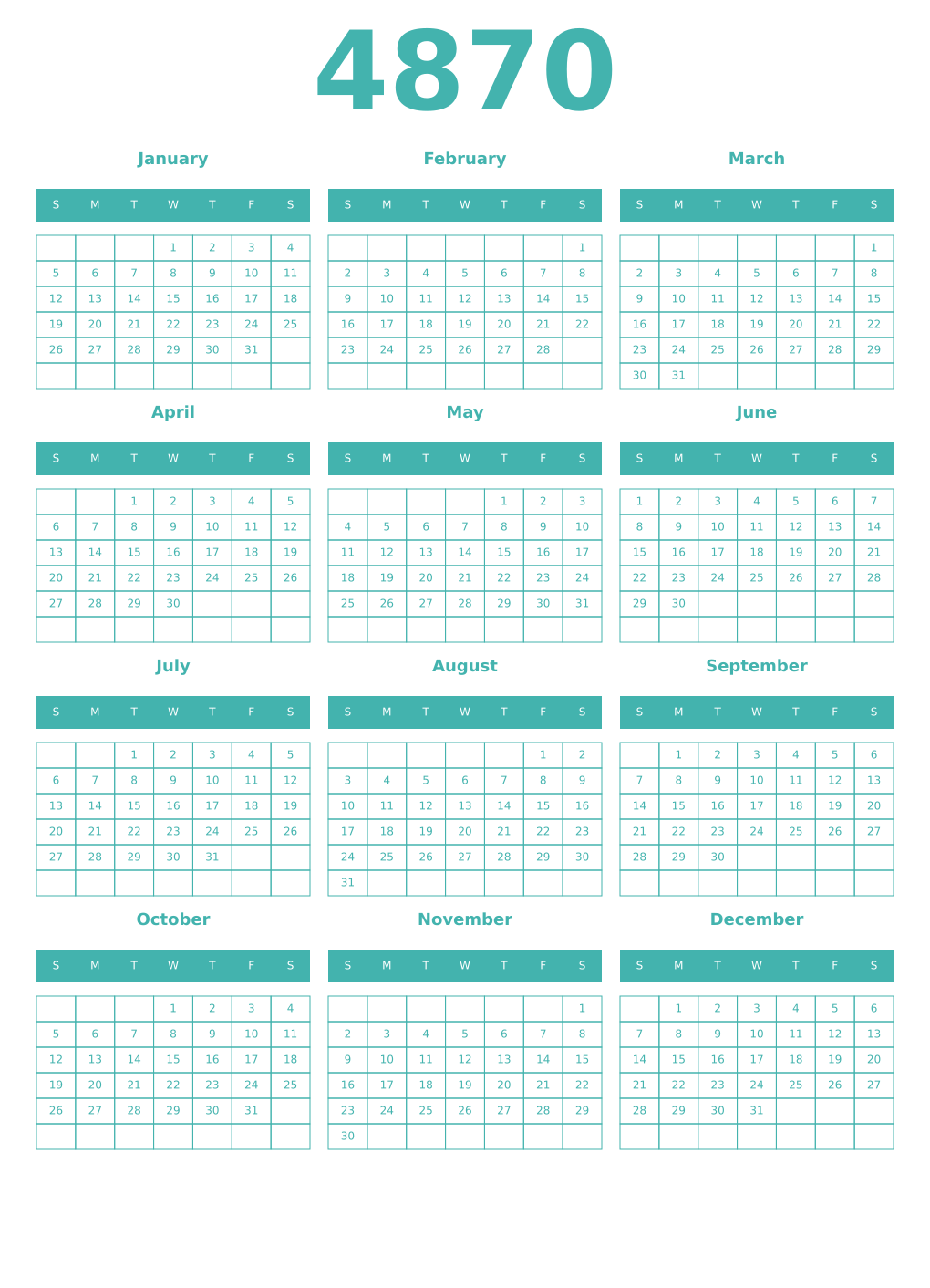 Printable 4870 Year Calendars verdigris