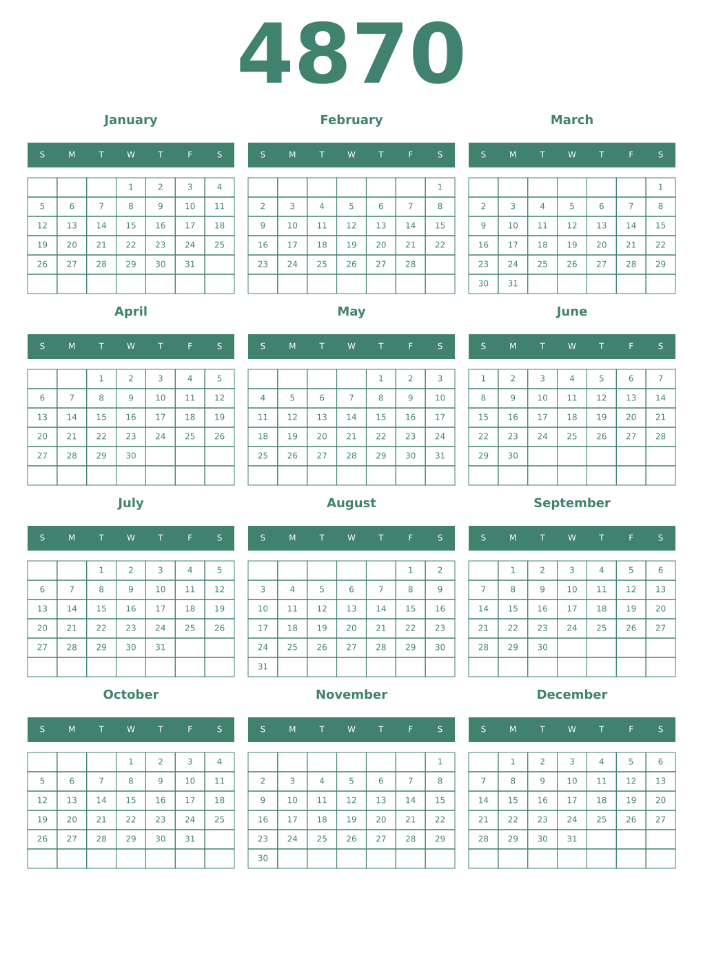 Printable 4870 Year Calendars viridian