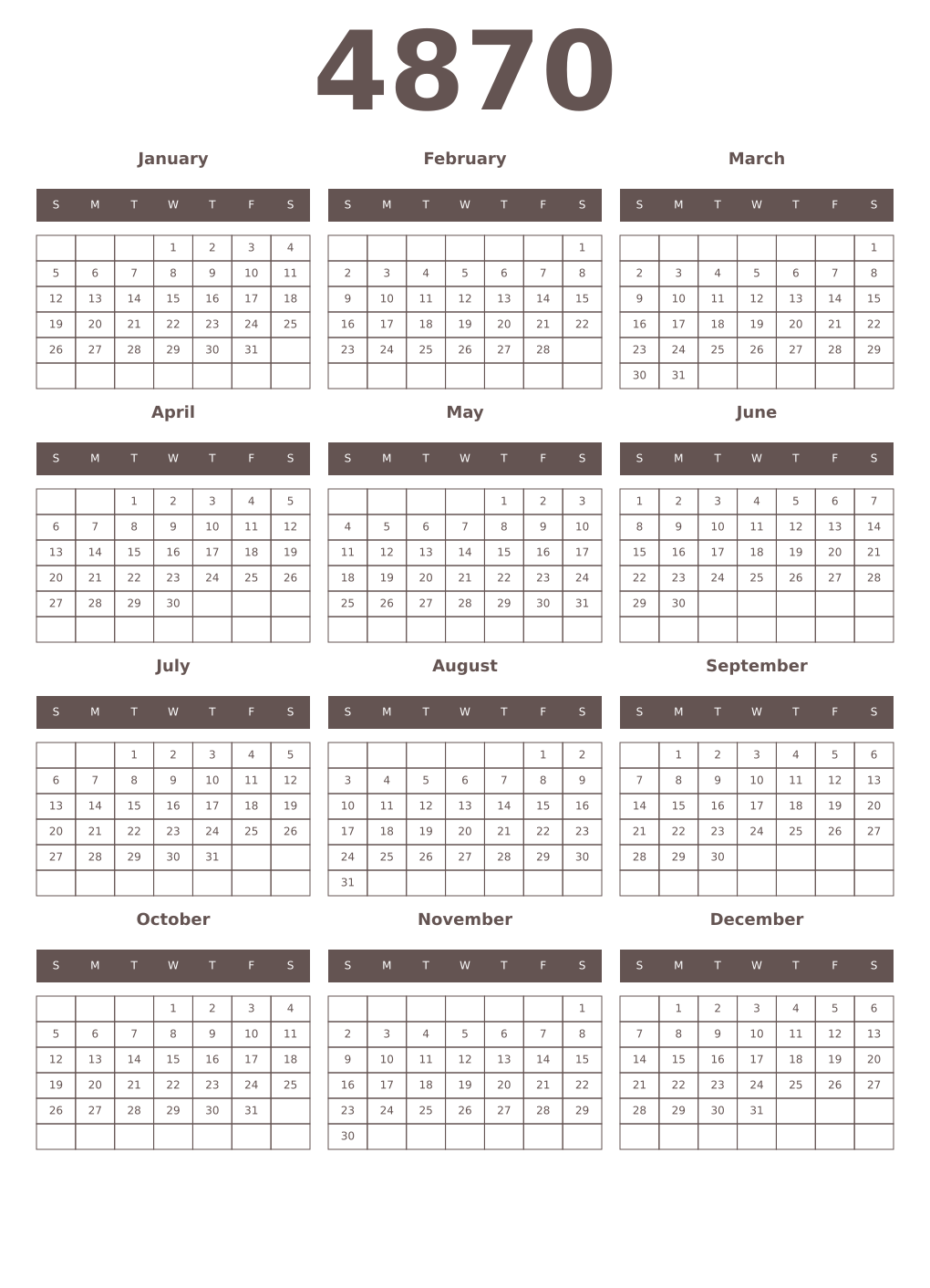 Printable 4870 Year Calendars wenge