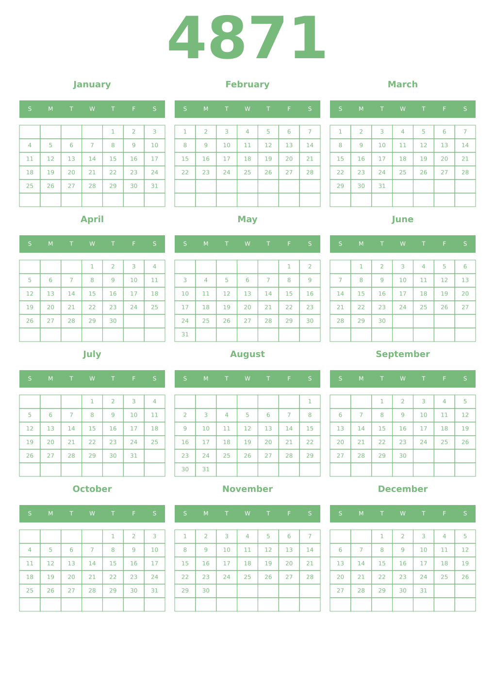 Printable 4871 Year Calendars celadon