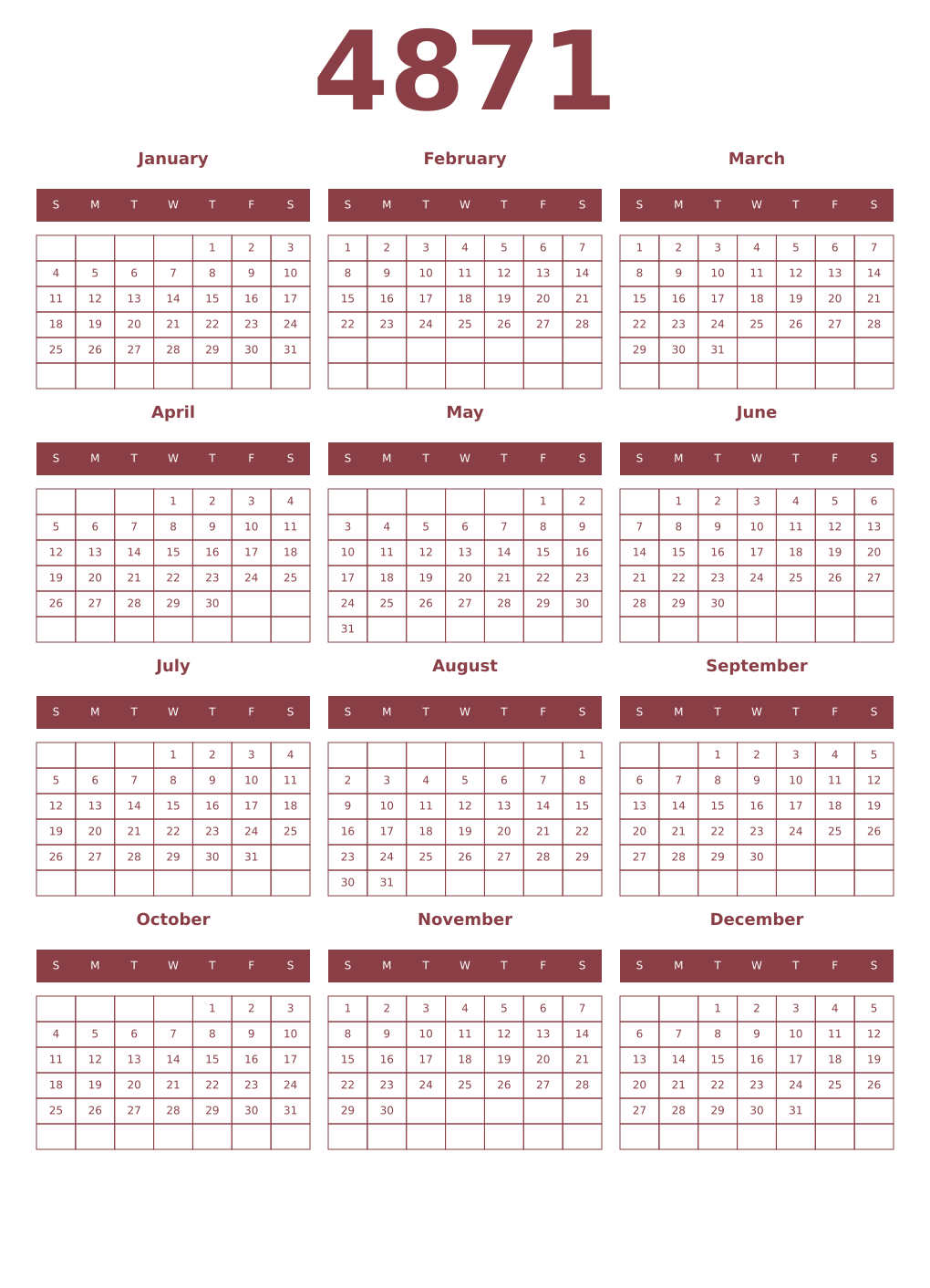 Printable 4871 Year Calendars cordovan