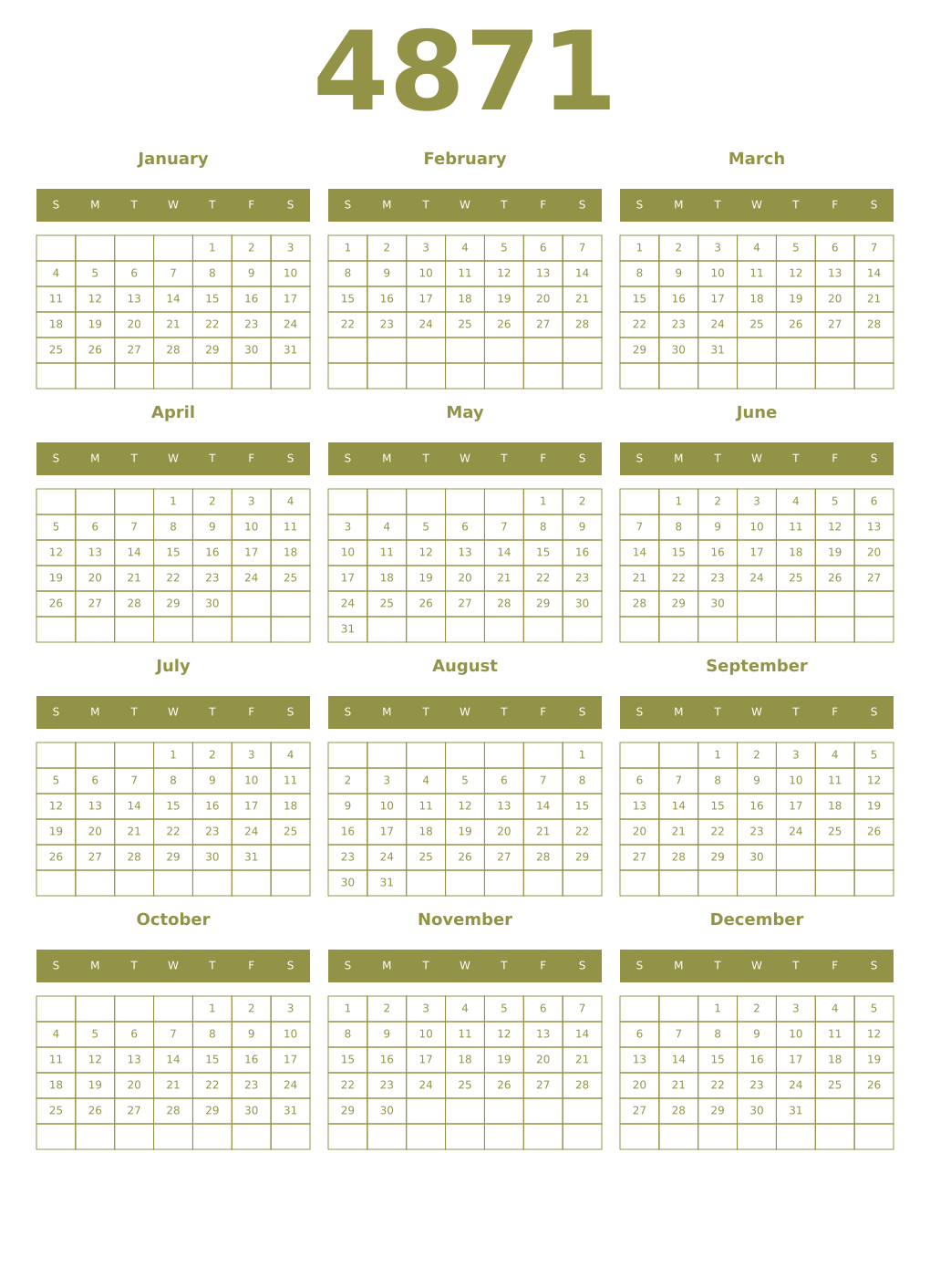 Printable 4871 Year Calendars eburnean