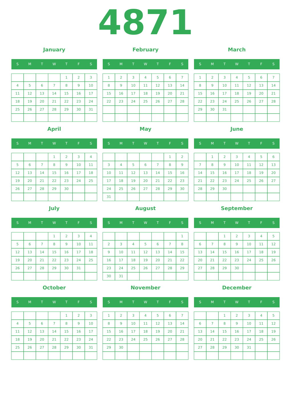 Printable 4871 Year Calendars green