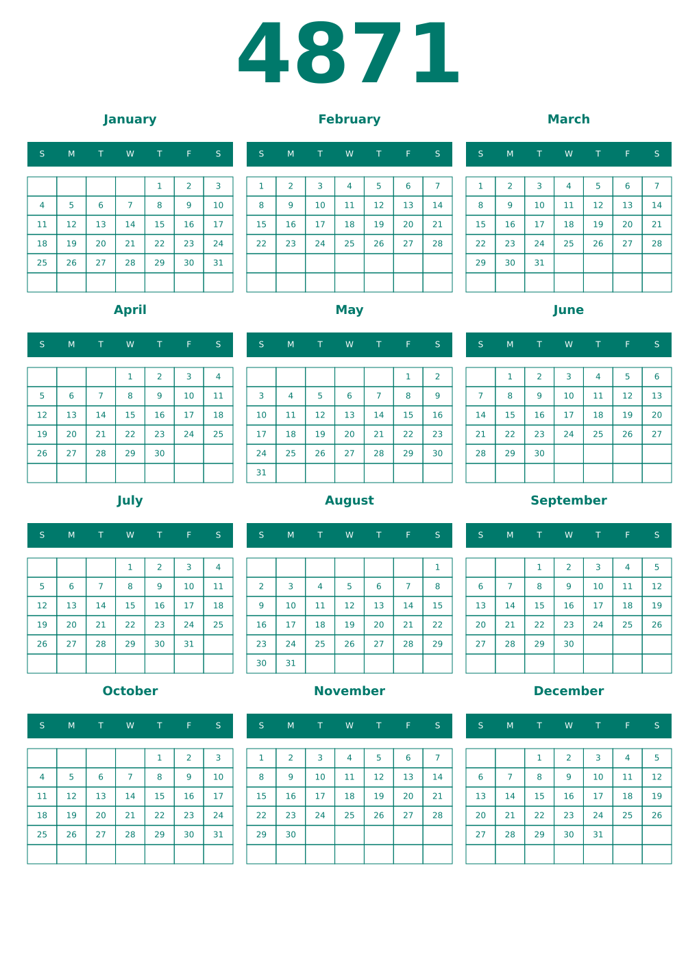 Printable 4871 Year Calendars pastel