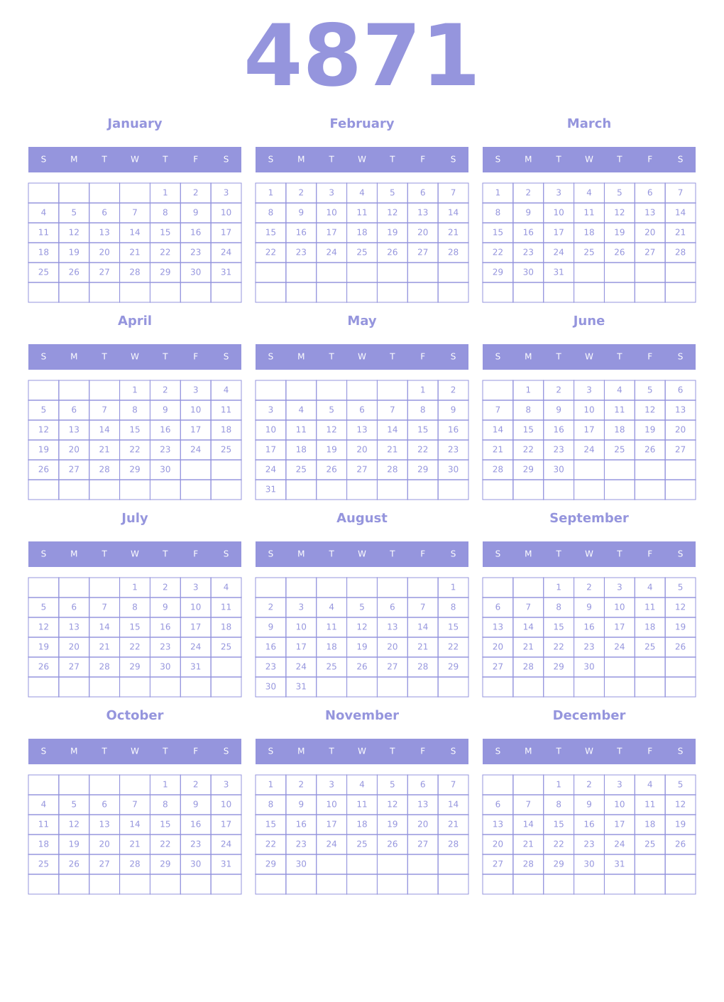 Printable 4871 Year Calendars periwinkle
