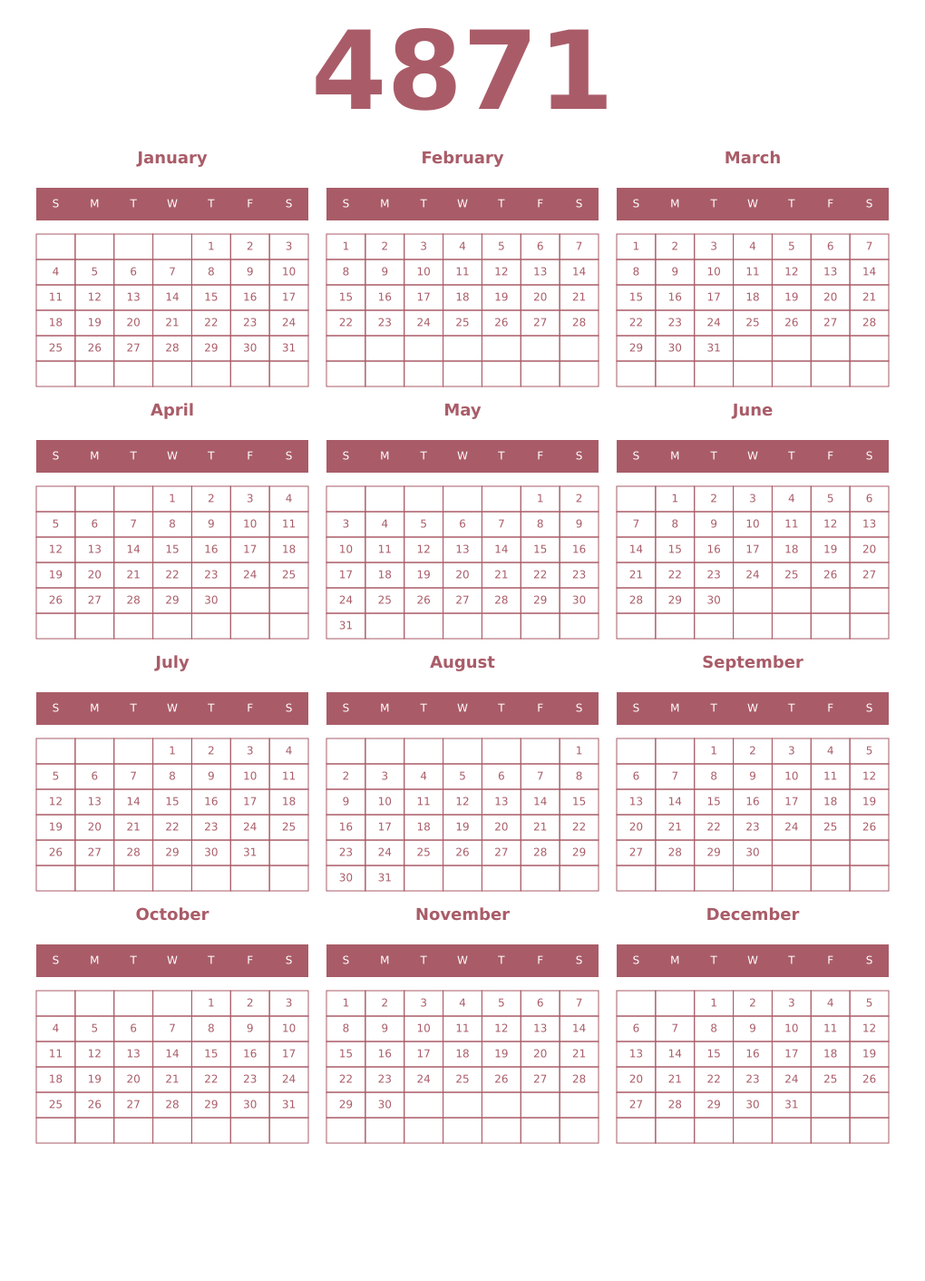 Printable 4871 Year Calendars puce