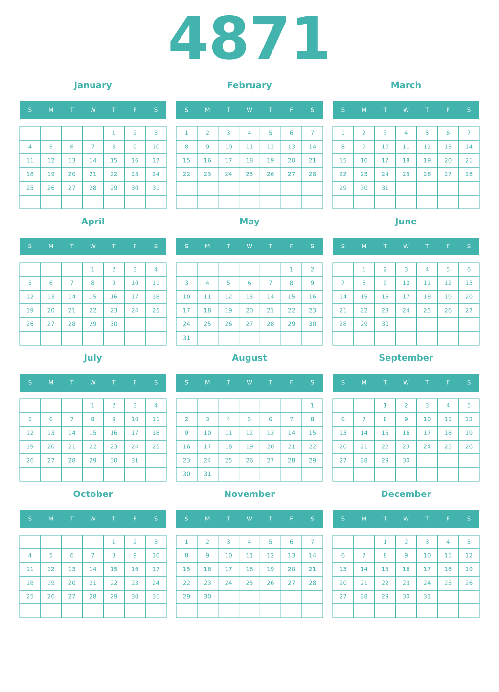 Printable 4871 Year Calendars verdigris