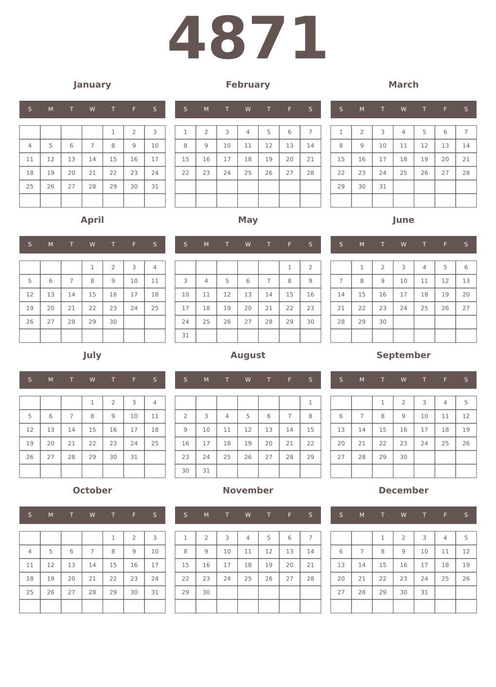 Printable 4871 Year Calendars wenge