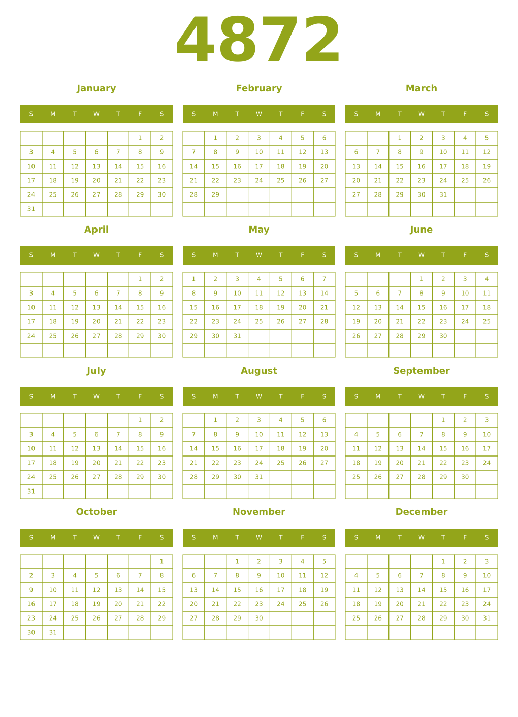Printable 4872 Year Calendars chartreuse