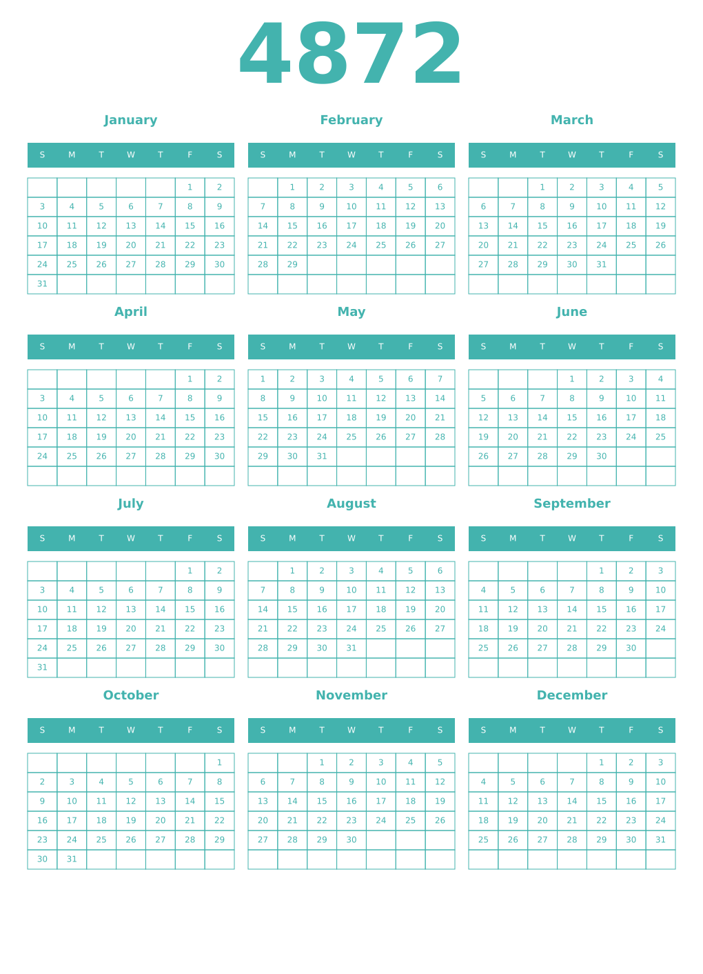 Printable 4872 Year Calendars verdigris