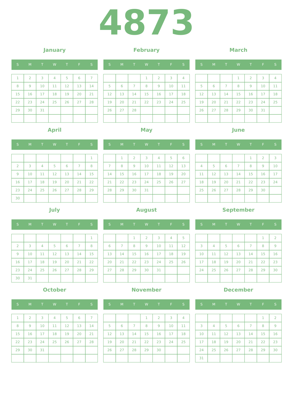 Printable 4873 Year Calendars celadon