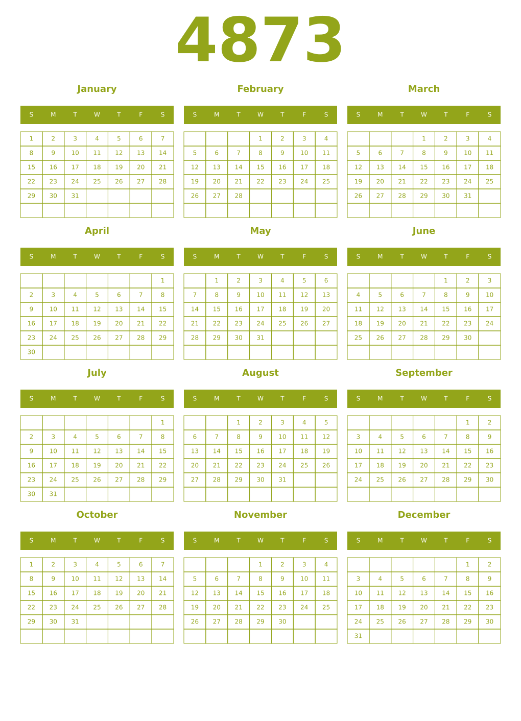 Printable 4873 Year Calendars chartreuse