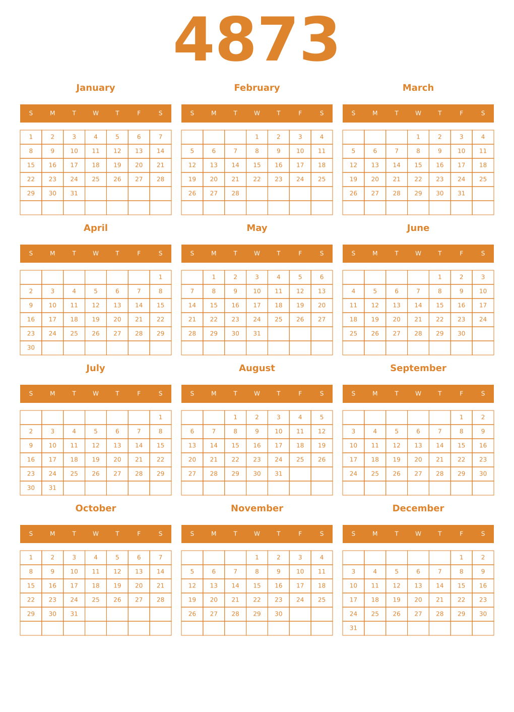 Printable 4873 Year Calendars orange
