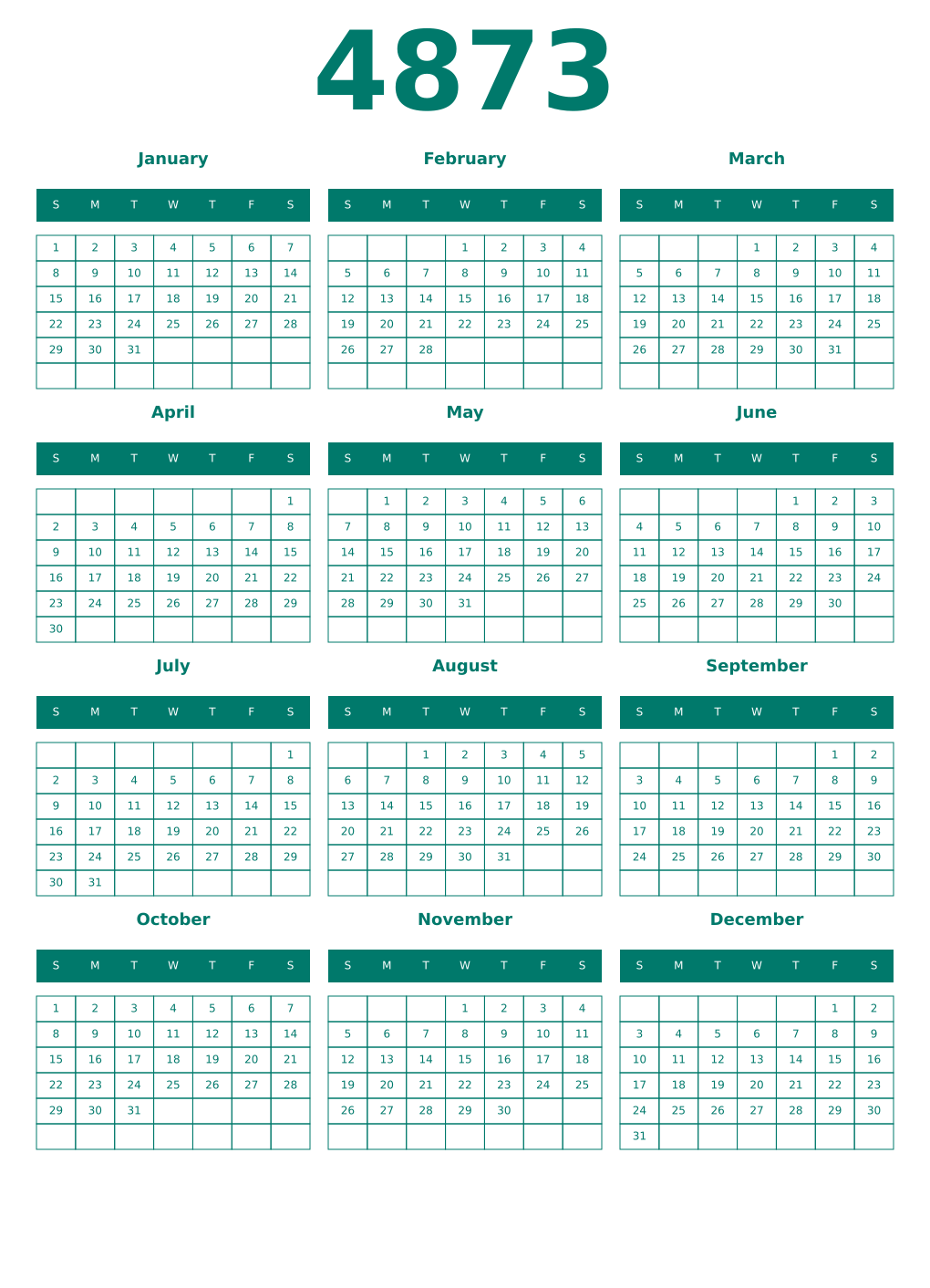 Printable 4873 Year Calendars pastel