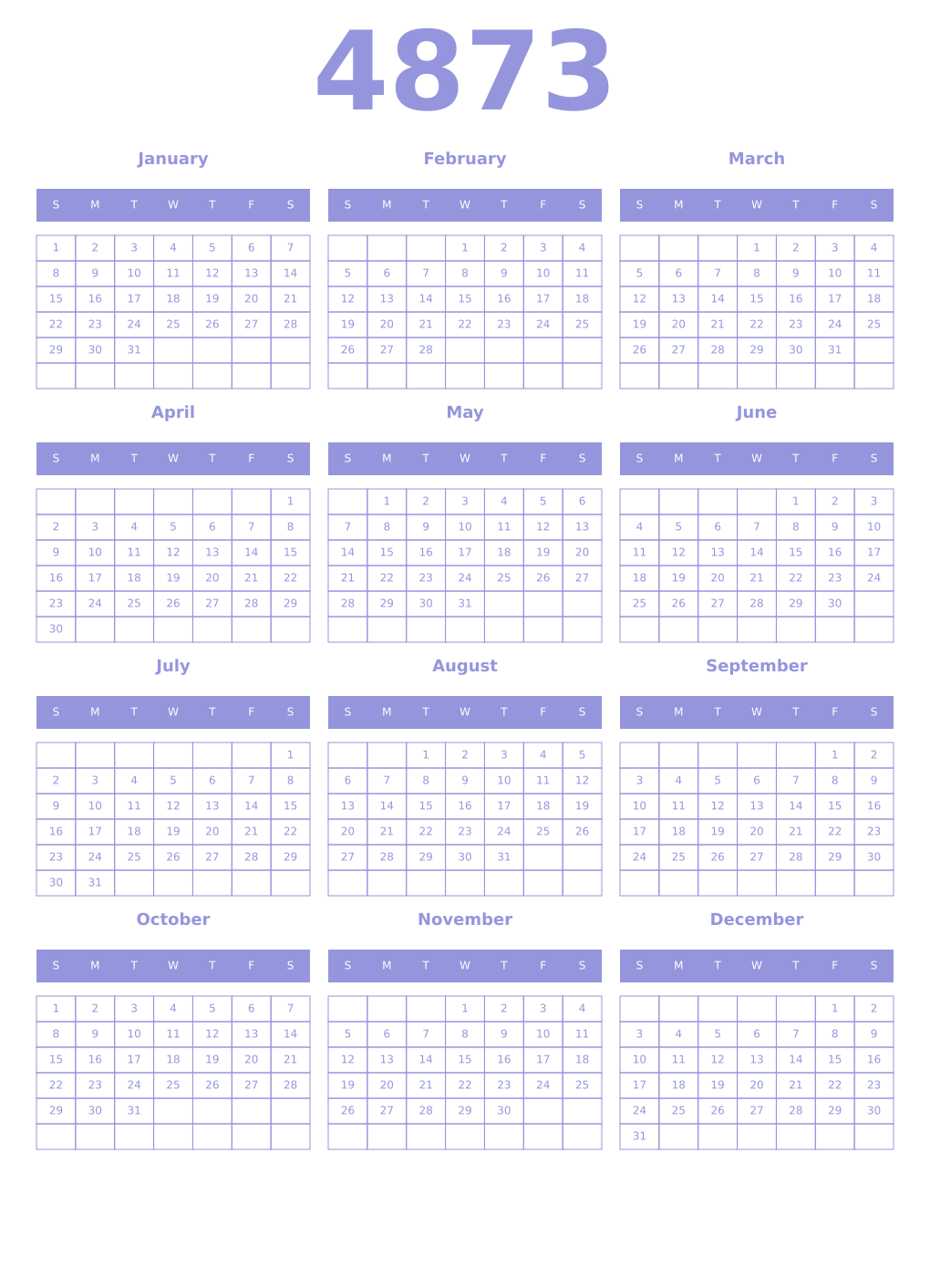 Printable 4873 Year Calendars periwinkle